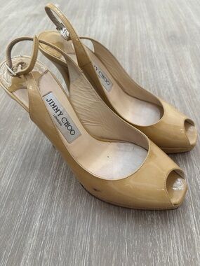 Jimmy Choo Tan Patent Leather Peep-Toe Slingback Heels